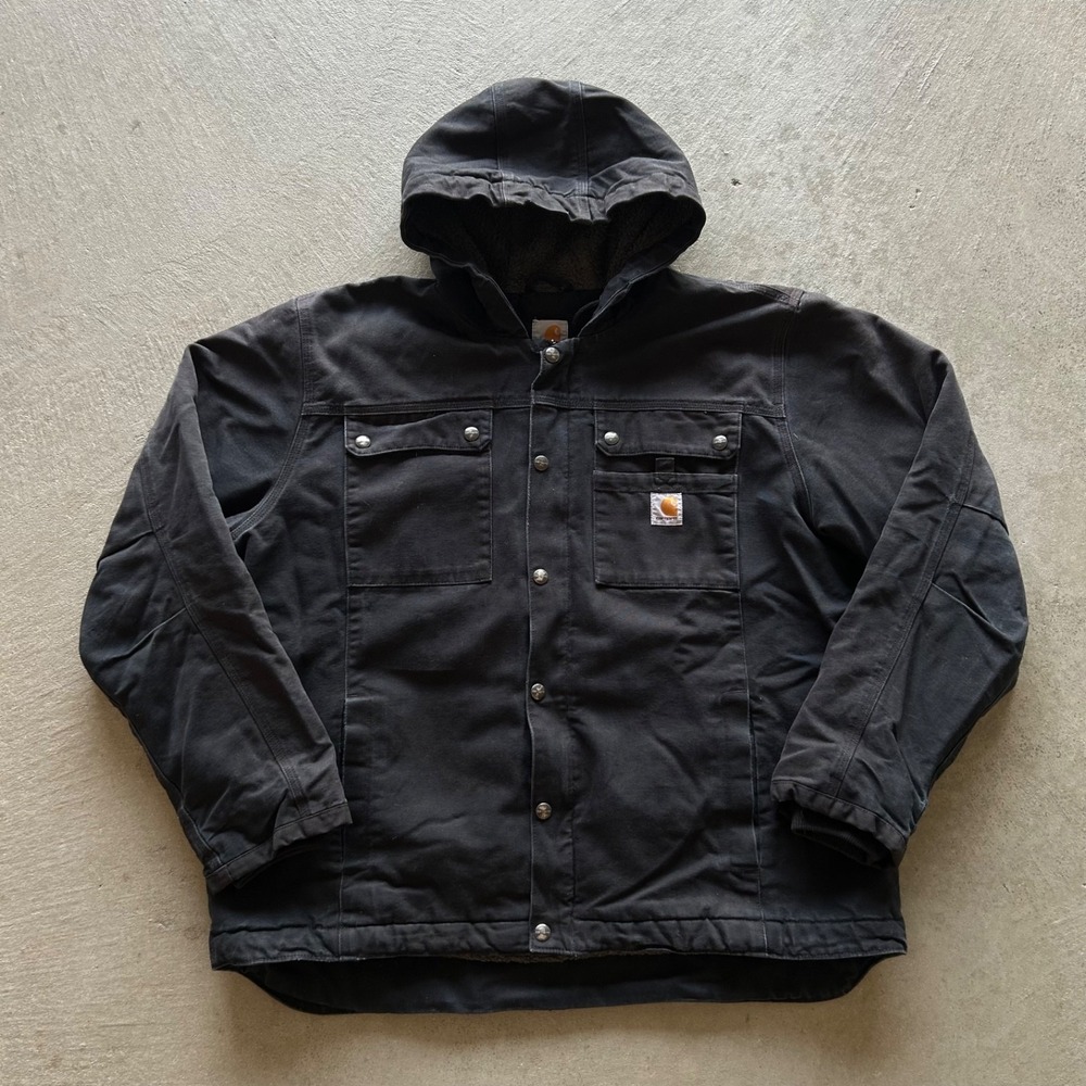 Vintage Carhartt Hooded Jacket Size XL Black Duck Canvas Sherpa Lined Workwear